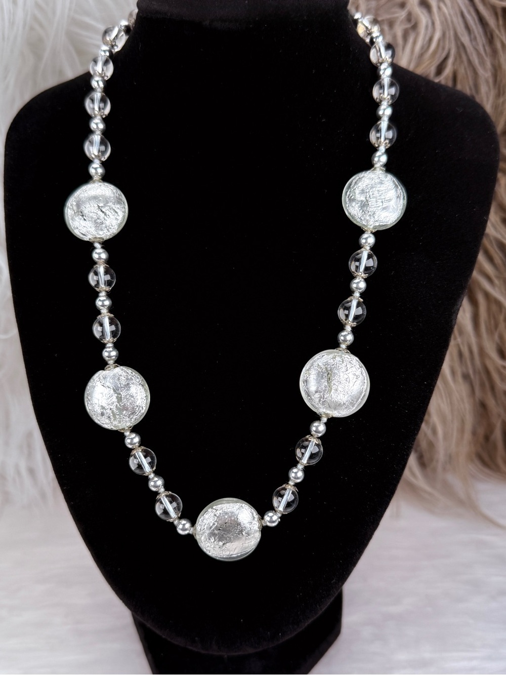 Vintage Silver Foil Clear Bead Heavy Statement Necklace Oversized Estate